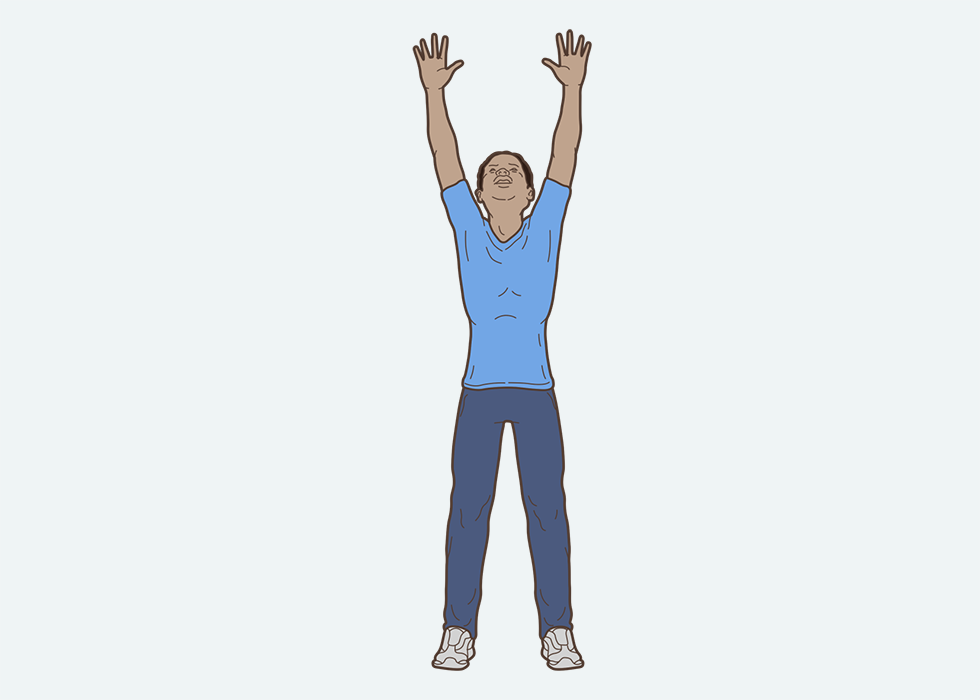Person standing up tall with both arms reaching up.